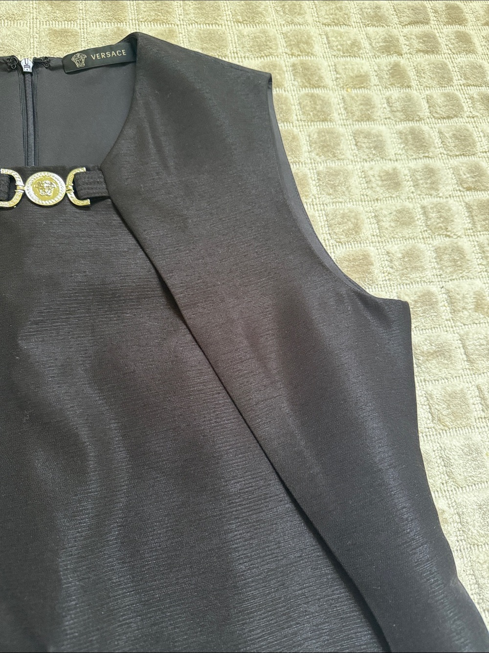 Versace ‘95 Medusa Black Sleeveless Mini Dress with Gold Accent Wool Silk Blend - Picture 9 of 12